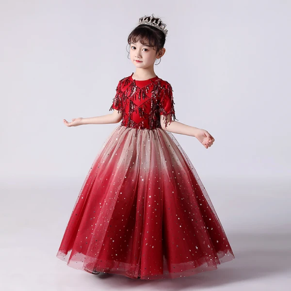 Chic / Belle Rouge Anniversaire Robe Ceremonie Fille 2020 Robe Boule Encolure Dégagée Manches Courtes Paillettes Gland Glitter Tulle Longue Volants