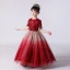 Chic / Belle Rouge Anniversaire Robe Ceremonie Fille 2020 Robe Boule Encolure Dégagée Manches Courtes Paillettes Gland Glitter Tulle Longue Volants
