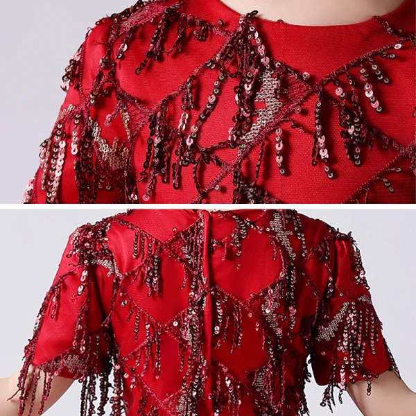 Chic / Belle Rouge Anniversaire Robe Ceremonie Fille 2020 Robe Boule Encolure Dégagée Manches Courtes Paillettes Gland Glitter Tulle Longue Volants