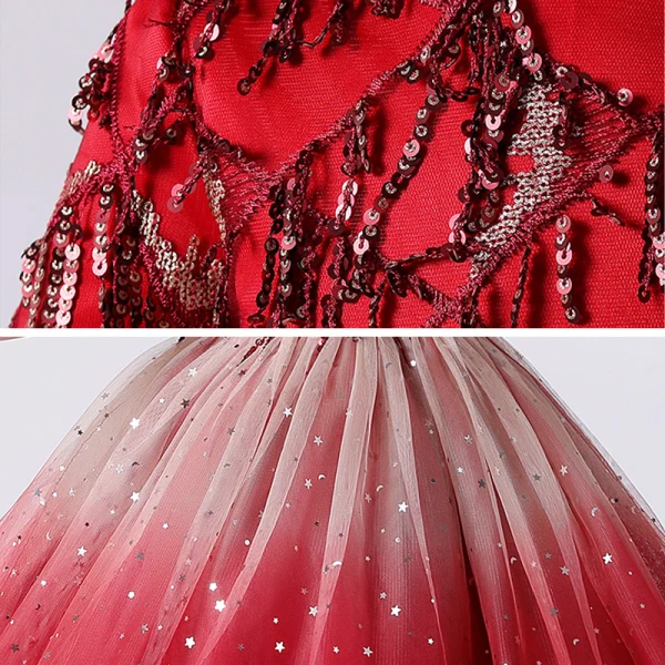 Chic / Belle Rouge Anniversaire Robe Ceremonie Fille 2020 Robe Boule Encolure Dégagée Manches Courtes Paillettes Gland Glitter Tulle Longue Volants