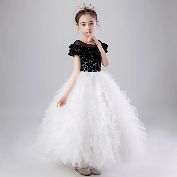 Chic / Beautiful Black White See-through Birthday Flower Girl Dresses 2020 Ball Gown Scoop Neck Puffy Short Sleeve Sequins Floor-Length / Long Ruffle