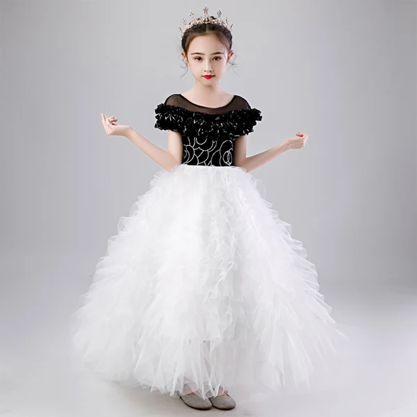 Chic / Beautiful Black White See-through Birthday Flower Girl Dresses 2020 Ball Gown Scoop Neck Puffy Short Sleeve Sequins Floor-Length / Long Ruffle