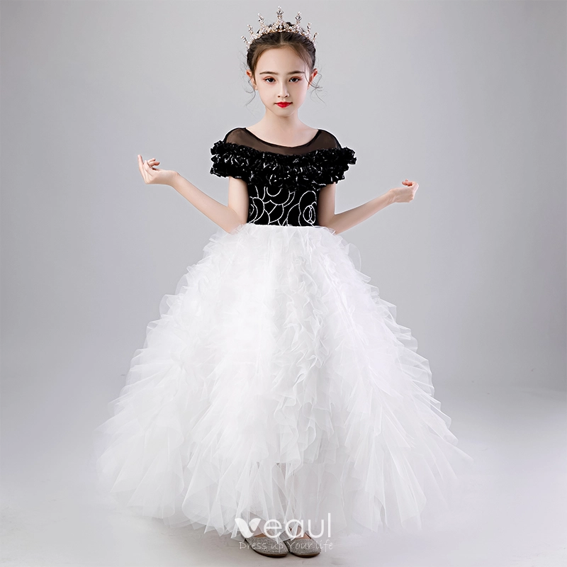 Chic Beautiful Black White See through Birthday Flower Girl Dresses 2020 Ball Gown Scoop Neck Puffy Short Sleeve Sequins Floor Length Long Ruffle