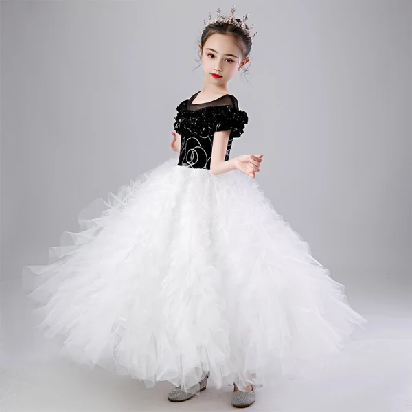 Chic / Beautiful Black White See-through Birthday Flower Girl Dresses 2020 Ball Gown Scoop Neck Puffy Short Sleeve Sequins Floor-Length / Long Ruffle