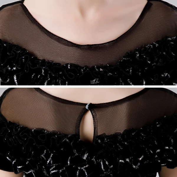 Chic / Beautiful Black White See-through Birthday Flower Girl Dresses 2020 Ball Gown Scoop Neck Puffy Short Sleeve Sequins Floor-Length / Long Ruffle