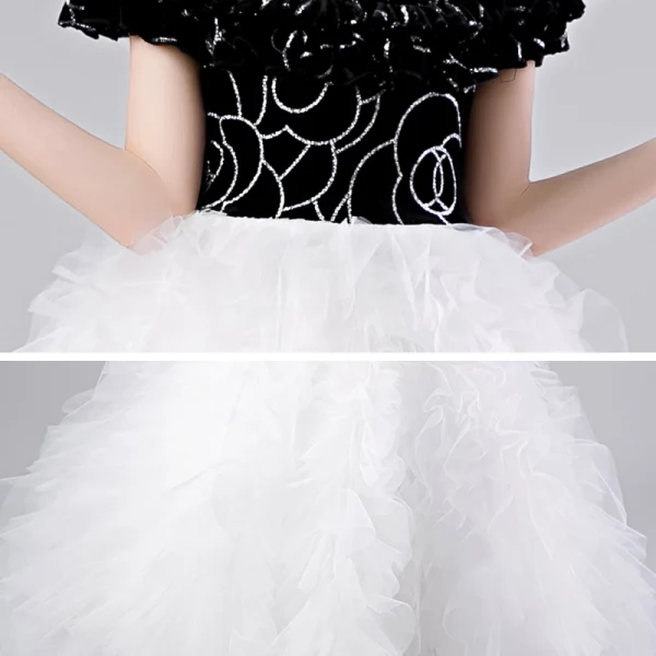 Chic / Beautiful Black White See-through Birthday Flower Girl Dresses 2020 Ball Gown Scoop Neck Puffy Short Sleeve Sequins Floor-Length / Long Ruffle