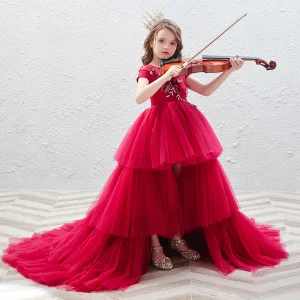 Elegant Red See Through Birthday Flower Girl Dresses 2020 Ball Gown Scoop Neck Short Sleeve Appliques Flower Sequins Cascading Ruffles Court Train