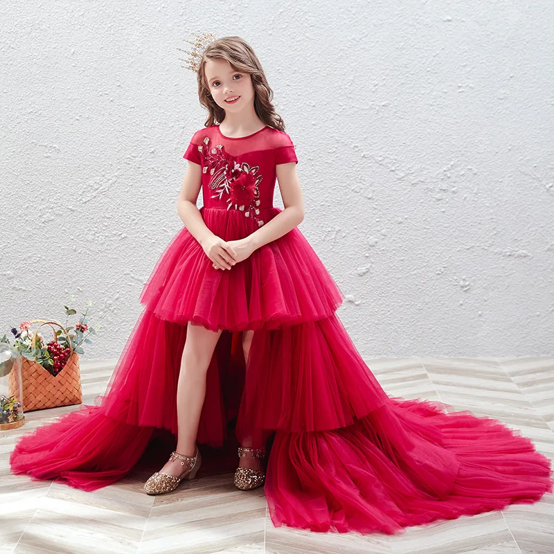 Elegant Red See Through Birthday Flower Girl Dresses 2020 Ball Gown Scoop Neck Short Sleeve Appliques Flower Sequins Cascading Ruffles Court Train Elegant Red See Through Birthday Flower Girl Dresses 2020 Ball Gown Scoop Neck Short Sleeve Appliques Flower Sequins Cascading Ruffles Court Train