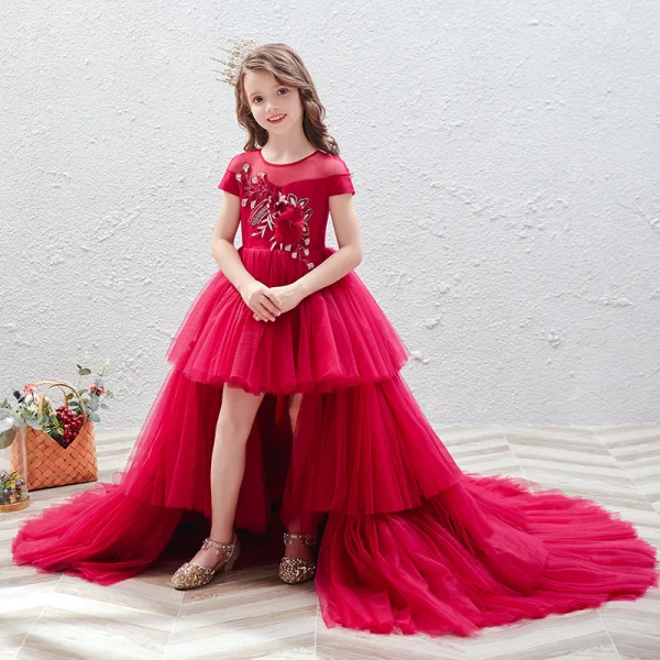 Elegant Red See-through Birthday Flower Girl Dresses 2020 Ball Gown Scoop Neck Short Sleeve Appliques Flower Sequins Cascading Ruffles Court Train