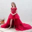 Elegant Red See-through Birthday Flower Girl Dresses 2020 Ball Gown Scoop Neck Short Sleeve Appliques Flower Sequins Cascading Ruffles Court Train