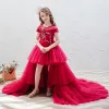 Elegant Red See-through Birthday Flower Girl Dresses 2020 Ball Gown Scoop Neck Short Sleeve Appliques Flower Sequins Cascading Ruffles Court Train