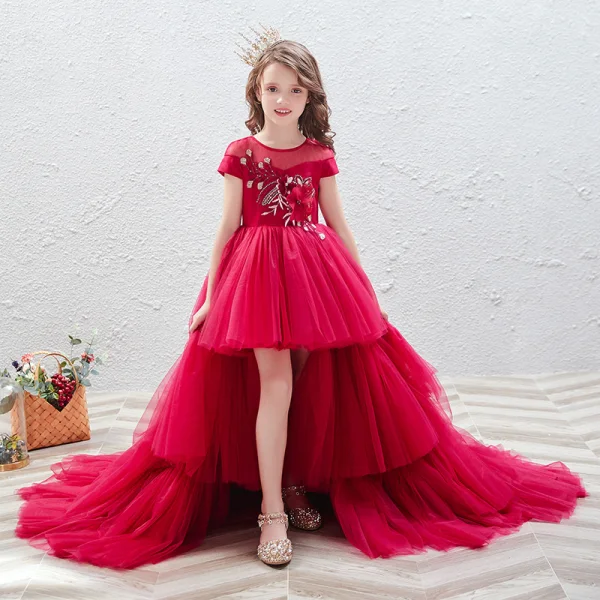 Elegant Red See-through Birthday Flower Girl Dresses 2020 Ball Gown Scoop Neck Short Sleeve Appliques Flower Sequins Cascading Ruffles Court Train