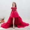 Elegantes Rojo Transparentes Cumpleaños Vestidos para niñas 2020 Ball Gown Scoop Escote Manga Corta Apliques Flor Lentejuelas Volantes En Cascada Colas De La Corte