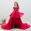 Elegant Red See-through Birthday Flower Girl Dresses 2020 Ball Gown Scoop Neck Short Sleeve Appliques Flower Sequins Cascading Ruffles Court Train
