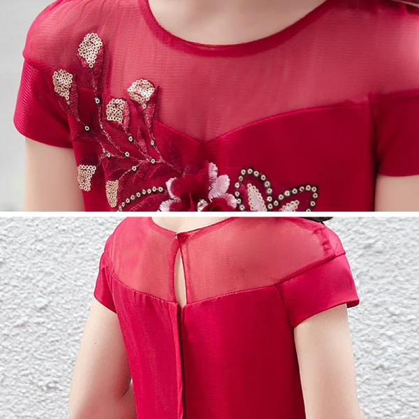 Elegant Red See-through Birthday Flower Girl Dresses 2020 Ball Gown Scoop Neck Short Sleeve Appliques Flower Sequins Cascading Ruffles Court Train