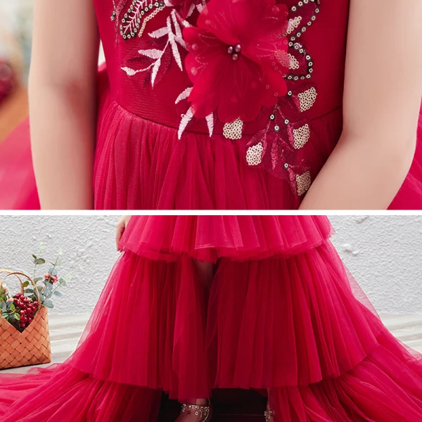 Elegant Red See-through Birthday Flower Girl Dresses 2020 Ball Gown Scoop Neck Short Sleeve Appliques Flower Sequins Cascading Ruffles Court Train