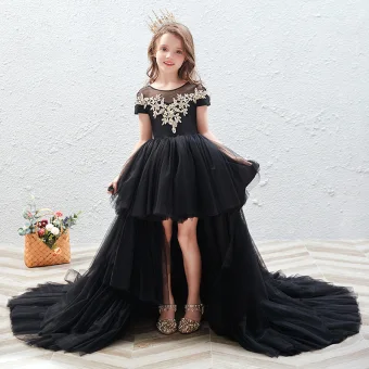 Chic Beautiful Black See Through Birthday Flower Girl Dresses 2020 Ball Gown Scoop Neck Short Sleeve Gold Appliques Lace Court Train Cascading Ruffles