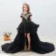 Chic / Beautiful Black See-through Birthday Flower Girl Dresses 2020 Ball Gown Scoop Neck Short Sleeve Gold Appliques Lace Court Train Cascading Ruffles