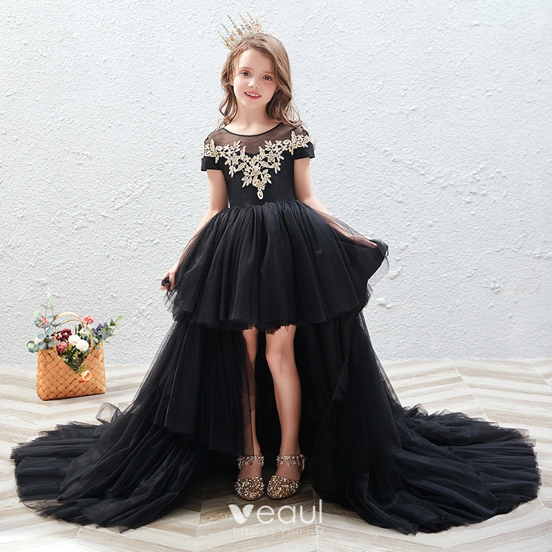 Chic / Beautiful Black See-through Birthday Flower Girl Dresses 2020 Ball  Gown Scoop Neck Short Sleeve Gold Appliques Lace Court Train Cascading  Ruffles