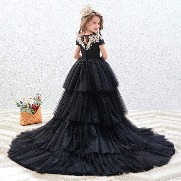 Chic / Beautiful Black See-through Birthday Flower Girl Dresses 2020 Ball Gown Scoop Neck Short Sleeve Gold Appliques Lace Court Train Cascading Ruffles