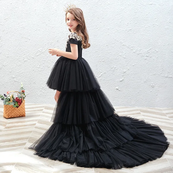 Chic / Beautiful Black See-through Birthday Flower Girl Dresses 2020 Ball Gown Scoop Neck Short Sleeve Gold Appliques Lace Court Train Cascading Ruffles
