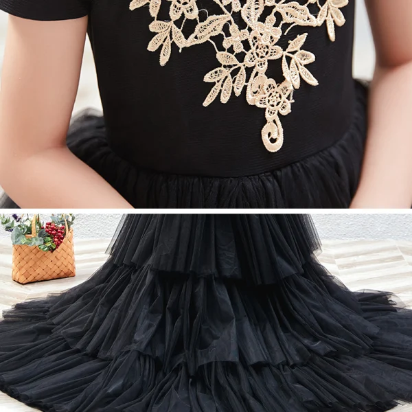 Chic / Beautiful Black See-through Birthday Flower Girl Dresses 2020 Ball Gown Scoop Neck Short Sleeve Gold Appliques Lace Court Train Cascading Ruffles