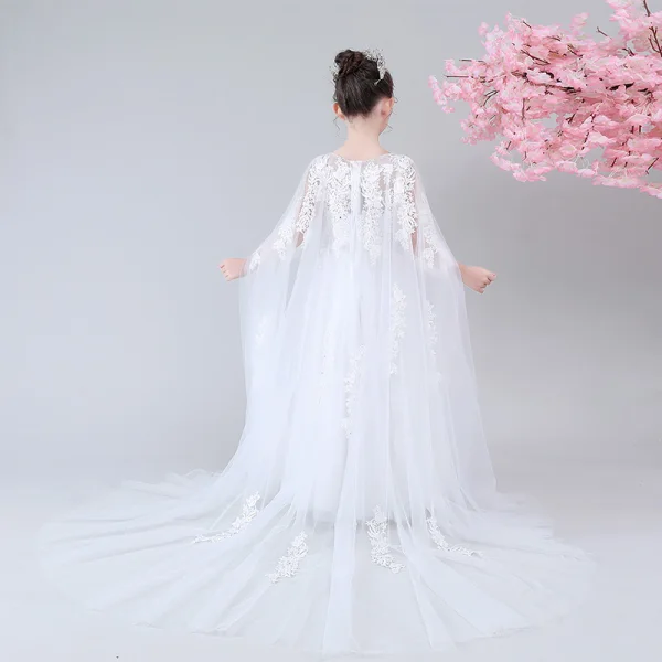 Chic / Beautiful White See-through Flower Girl Dresses 2020 A-Line / Princess Scoop Neck Sleeveless Appliques Lace Beading Watteau Train Ruffle
