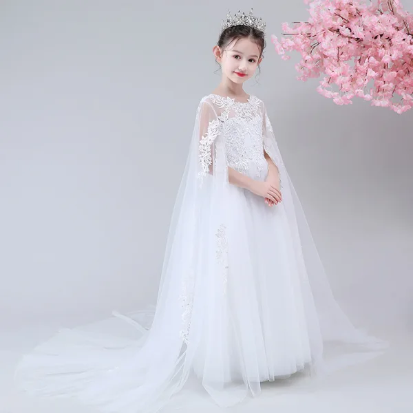 Chic / Beautiful White See-through Flower Girl Dresses 2020 A-Line / Princess Scoop Neck Sleeveless Appliques Lace Beading Watteau Train Ruffle