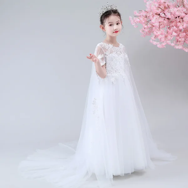 Chic / Beautiful White See-through Flower Girl Dresses 2020 A-Line / Princess Scoop Neck Sleeveless Appliques Lace Beading Watteau Train Ruffle