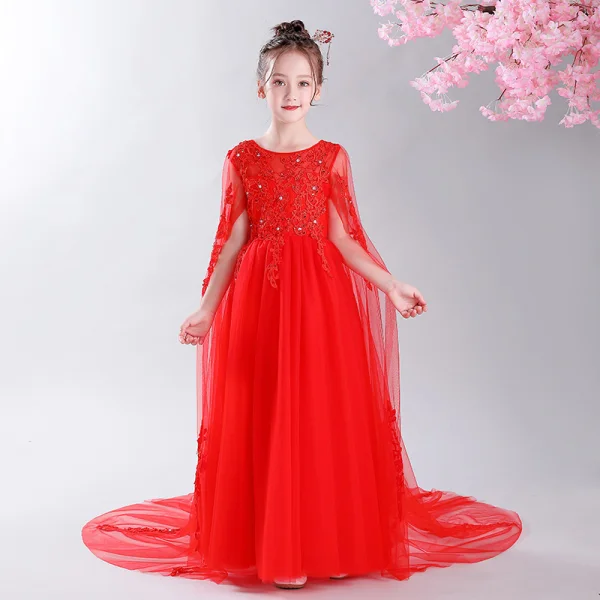 Chic / Beautiful White See-through Flower Girl Dresses 2020 A-Line / Princess Scoop Neck Sleeveless Appliques Lace Beading Watteau Train Ruffle