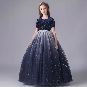 Starry Sky Navy Blue Birthday Flower Girl Dresses 2020 Ball Gown Scoop Neck Short Sleeve Star Sequins Floor Length Long Ruffle
