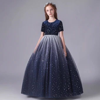 Ciel Étoilé Bleu Marine Anniversaire Robe Ceremonie Fille 2020 Robe Boule Encolure Dégagée Manches Courtes Étoile Paillettes Longue Volants