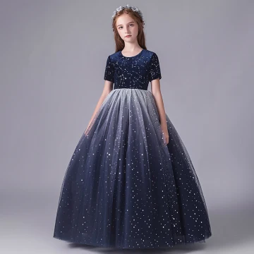 Ciel Étoilé Bleu Marine Anniversaire Robe Ceremonie Fille 2020 Robe Boule Encolure Dégagée Manches Courtes Étoile Paillettes Longue Volants