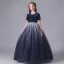 Starry Sky Navy Blue Birthday Flower Girl Dresses 2020 Ball Gown Scoop Neck Short Sleeve Star Sequins Floor-Length / Long Ruffle