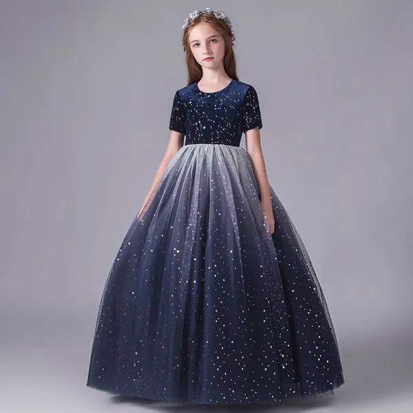 Starry Sky Navy Blue Birthday Flower Girl Dresses 2020 Ball Gown Scoop Neck Short Sleeve Star Sequins Floor-Length / Long Ruffle