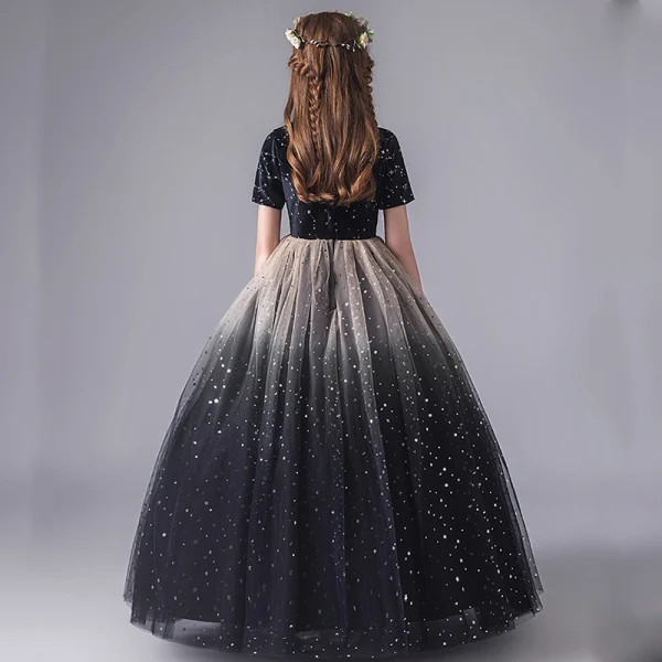 Starry Sky Navy Blue Birthday Flower Girl Dresses 2020 Ball Gown Scoop Neck Short Sleeve Star Sequins Floor-Length / Long Ruffle