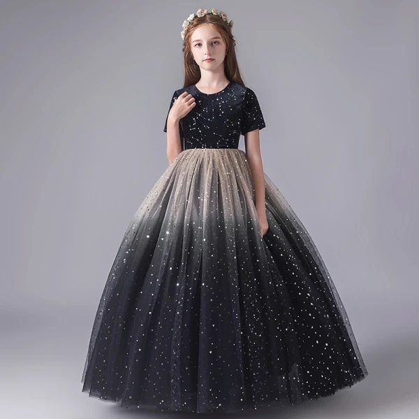 Starry Sky Navy Blue Birthday Flower Girl Dresses 2020 Ball Gown Scoop Neck Short Sleeve Star Sequins Floor-Length / Long Ruffle
