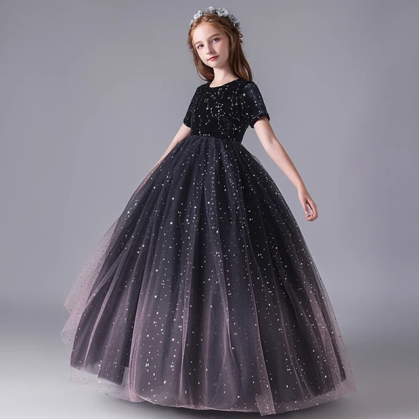 Starry Sky Navy Blue Birthday Flower Girl Dresses 2020 Ball Gown Scoop Neck Short Sleeve Star Sequins Floor-Length / Long Ruffle
