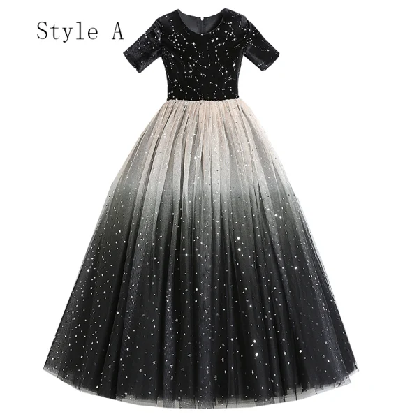 Starry Sky Navy Blue Birthday Flower Girl Dresses 2020 Ball Gown Scoop Neck Short Sleeve Star Sequins Floor-Length / Long Ruffle