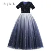 Starry Sky Navy Blue Birthday Flower Girl Dresses 2020 Ball Gown Scoop Neck Short Sleeve Star Sequins Floor-Length / Long Ruffle