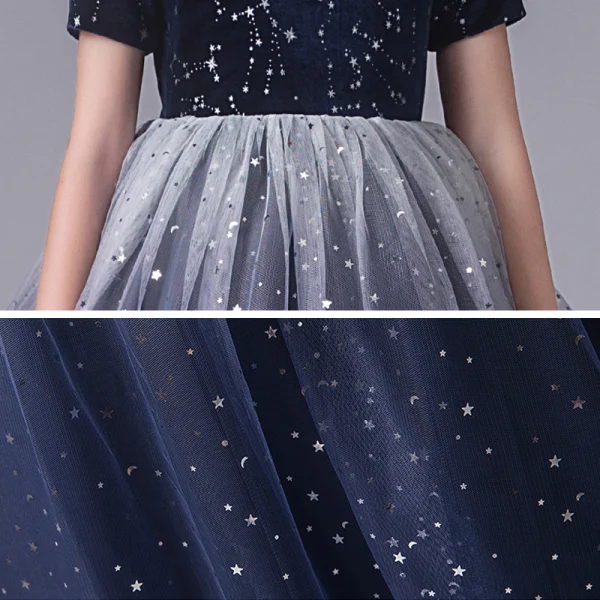 Starry Sky Navy Blue Birthday Flower Girl Dresses 2020 Ball Gown Scoop Neck Short Sleeve Star Sequins Floor-Length / Long Ruffle