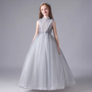 Vintage Retro Grey Birthday Flower Girl Dresses 2020 Ball Gown See Through High Neck Sleeveless Appliques Lace Beading Sequins Tulle Floor Length Long Ruffle