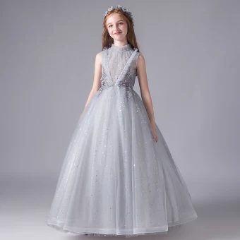 Vintage Retro Grey Birthday Flower Girl Dresses 2020 Ball Gown See Through High Neck Sleeveless Appliques Lace Beading Sequins Tulle Floor Length Long Ruffle