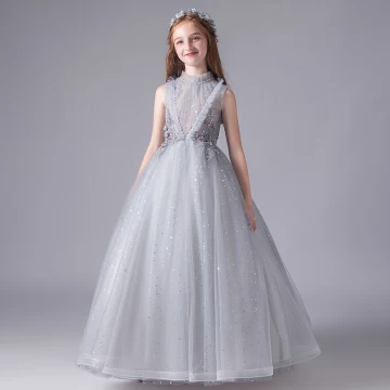 Vintage Originale Gris Anniversaire Robe Ceremonie Fille 2020 Robe Boule Transparentes Col Haut Sans Manches Appliques En Dentelle Perlage Paillettes Tulle Longue Volants