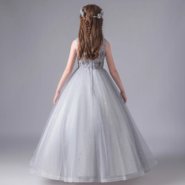 Vintage / Retro Grey Birthday Flower Girl Dresses 2020 Ball Gown See-through High Neck Sleeveless Appliques Lace Beading Sequins Tulle Floor-Length / Long Ruffle
