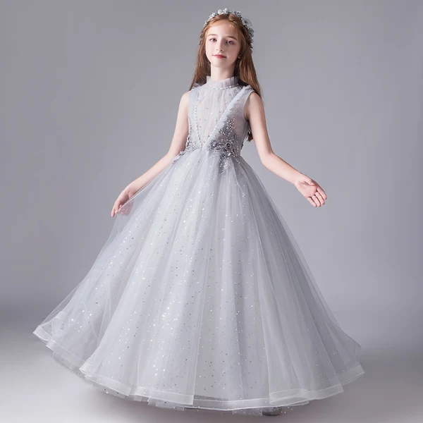 Vintage / Retro Grey Birthday Flower Girl Dresses 2020 Ball Gown See-through High Neck Sleeveless Appliques Lace Beading Sequins Tulle Floor-Length / Long Ruffle