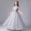 Vintage / Retro Grey Birthday Flower Girl Dresses 2020 Ball Gown See-through High Neck Sleeveless Appliques Lace Beading Sequins Tulle Floor-Length / Long Ruffle