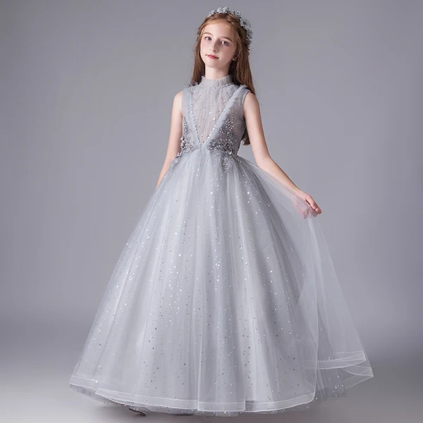 Vintage / Retro Grey Birthday Flower Girl Dresses 2020 Ball Gown See-through High Neck Sleeveless Appliques Lace Beading Sequins Tulle Floor-Length / Long Ruffle