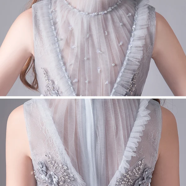 Vintage / Retro Grey Birthday Flower Girl Dresses 2020 Ball Gown See-through High Neck Sleeveless Appliques Lace Beading Sequins Tulle Floor-Length / Long Ruffle