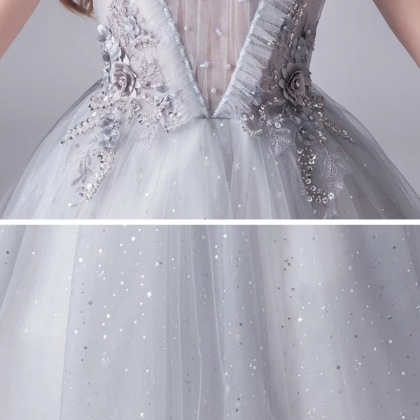 Vintage / Retro Grey Birthday Flower Girl Dresses 2020 Ball Gown See-through High Neck Sleeveless Appliques Lace Beading Sequins Tulle Floor-Length / Long Ruffle